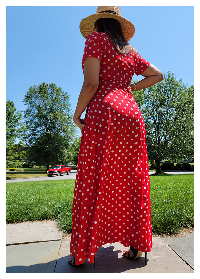 Polka Dot Tie-Waist Maxi Dress (Red ...